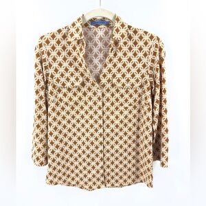 J Mclaughlin Catalina Cloth Button Down Shirt Womens XS Brown Geometric Stretch